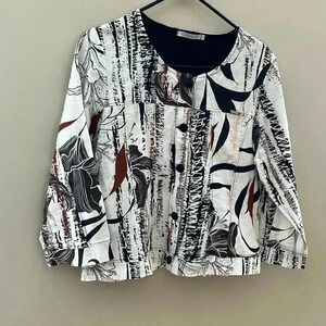 [Size4]Maloka Linen Blend  Button Down Black Lily Sketch Art light Jacket/Blouse